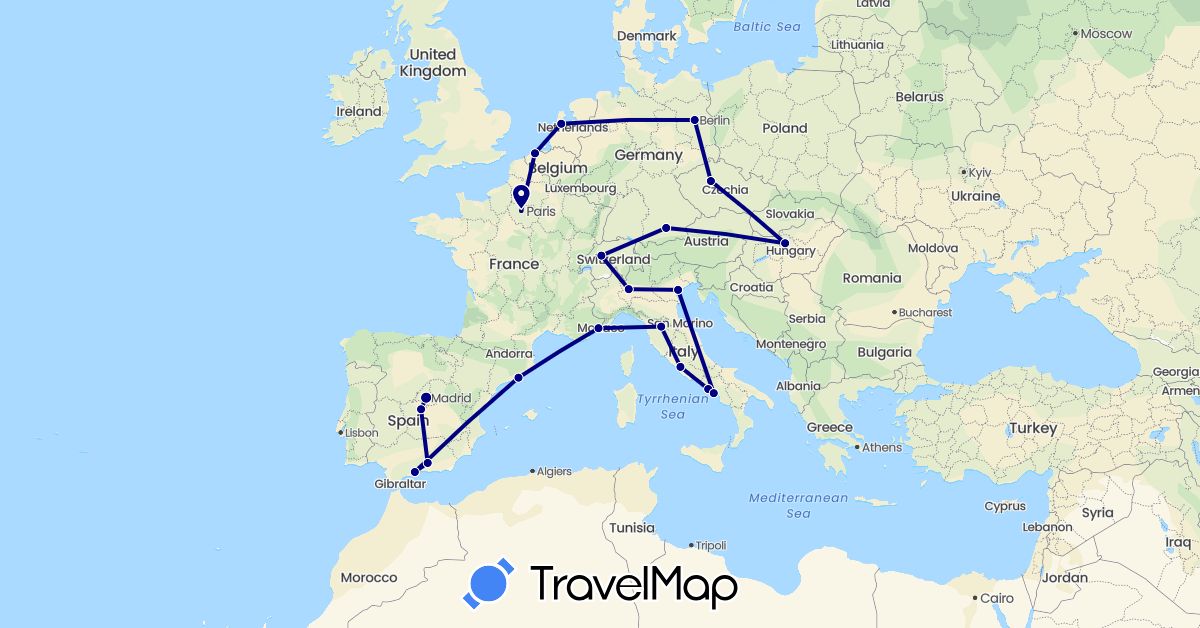 TravelMap itinerary: driving in Belgium, Switzerland, Czech Republic, Germany, Spain, France, Hungary, Italy, Netherlands (Europe)